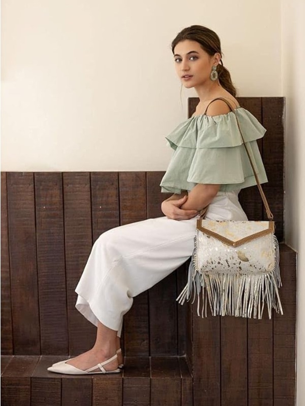 $109 NWOT Myra Bag Women's Golden Girl Hair-On Hide Fringe gold fleck crossbody
